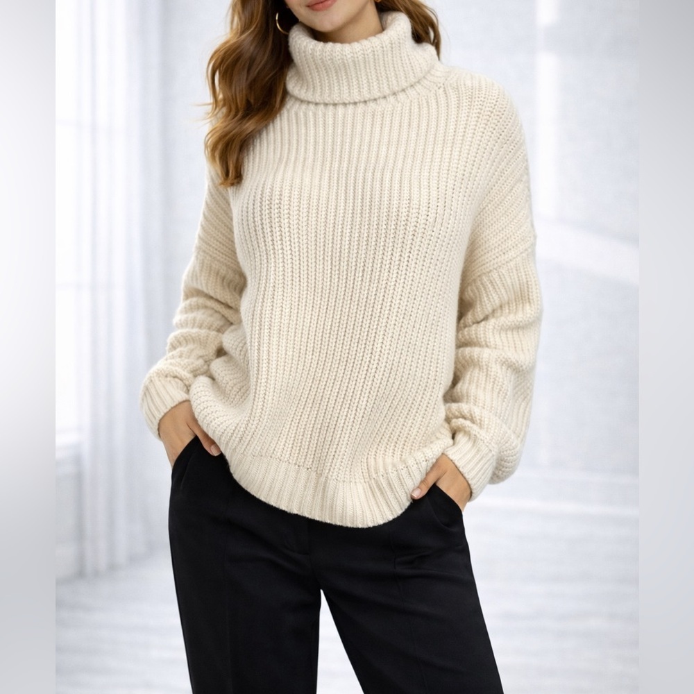 Free People Cream Chunky Knit Turtleneck Sweater Oversized Boho Cozy Pullover S